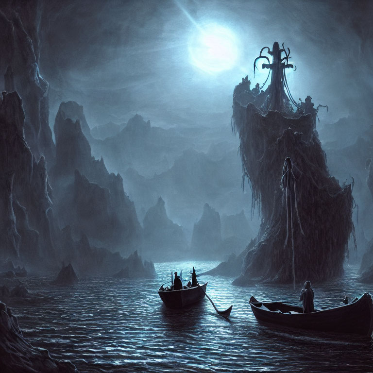 Moonlit seascape with silhouetted figures, boats, rocks, cliff, and menacing sculpture