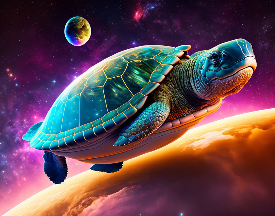 Colorful digital artwork: Giant turtle in space with stars, planets, and nebulae