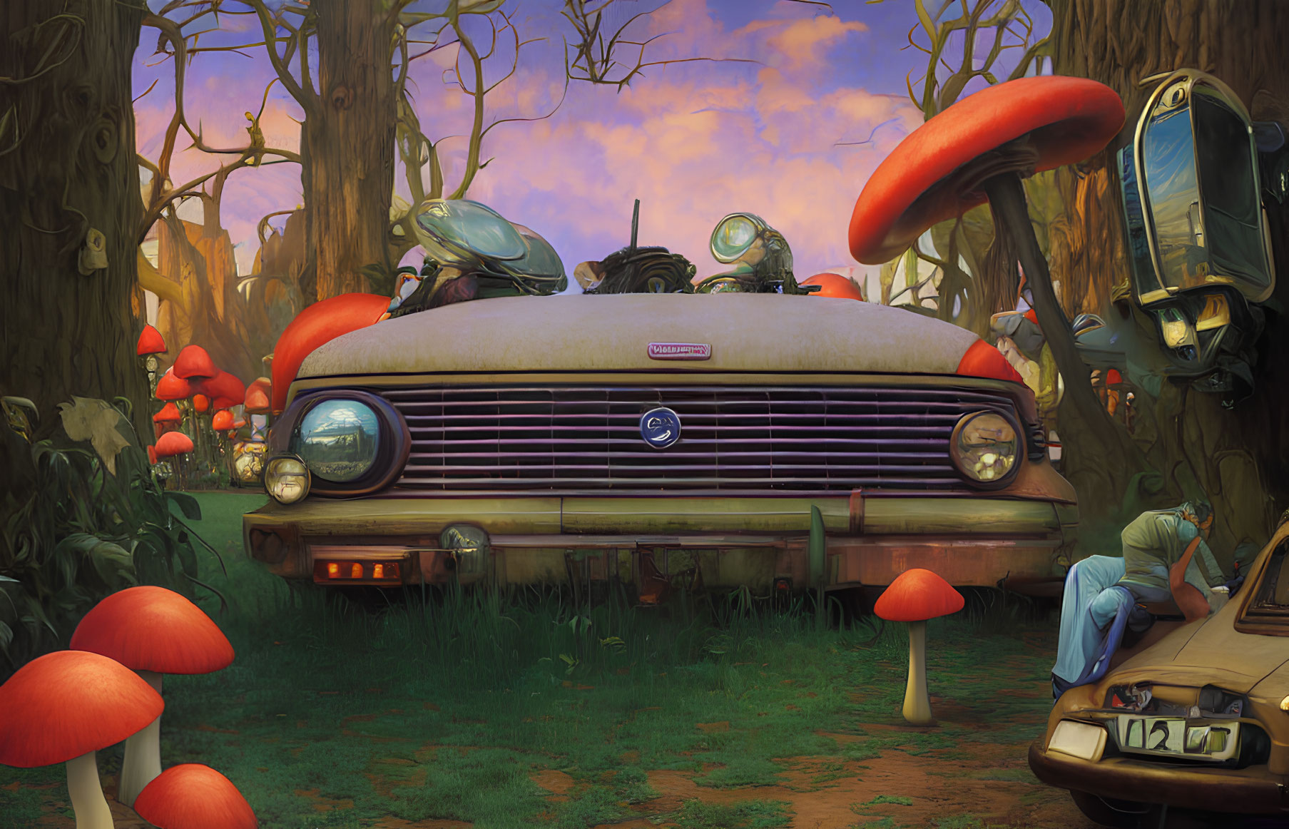 Vintage Car in Enchanted Forest with Oversized Mushrooms and Floating Objects