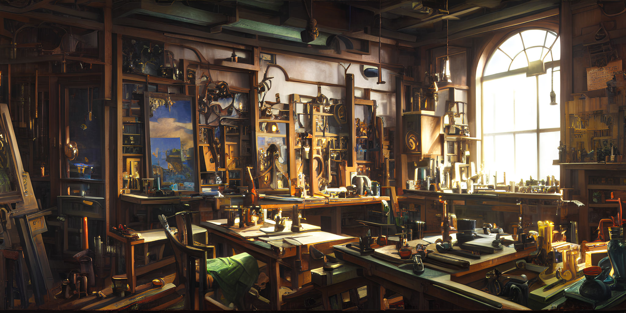 Woodworker's Workshop with Tools, Items, and Drawings in Sunlit Setting