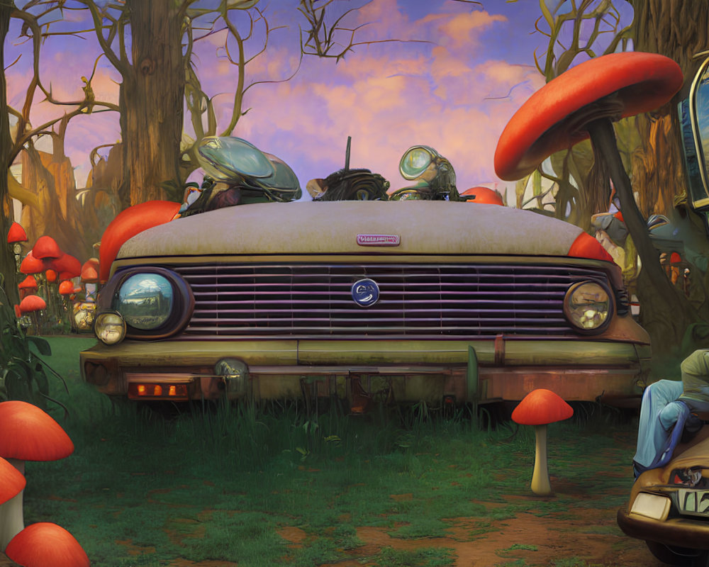 Vintage Car in Enchanted Forest with Oversized Mushrooms and Floating Objects