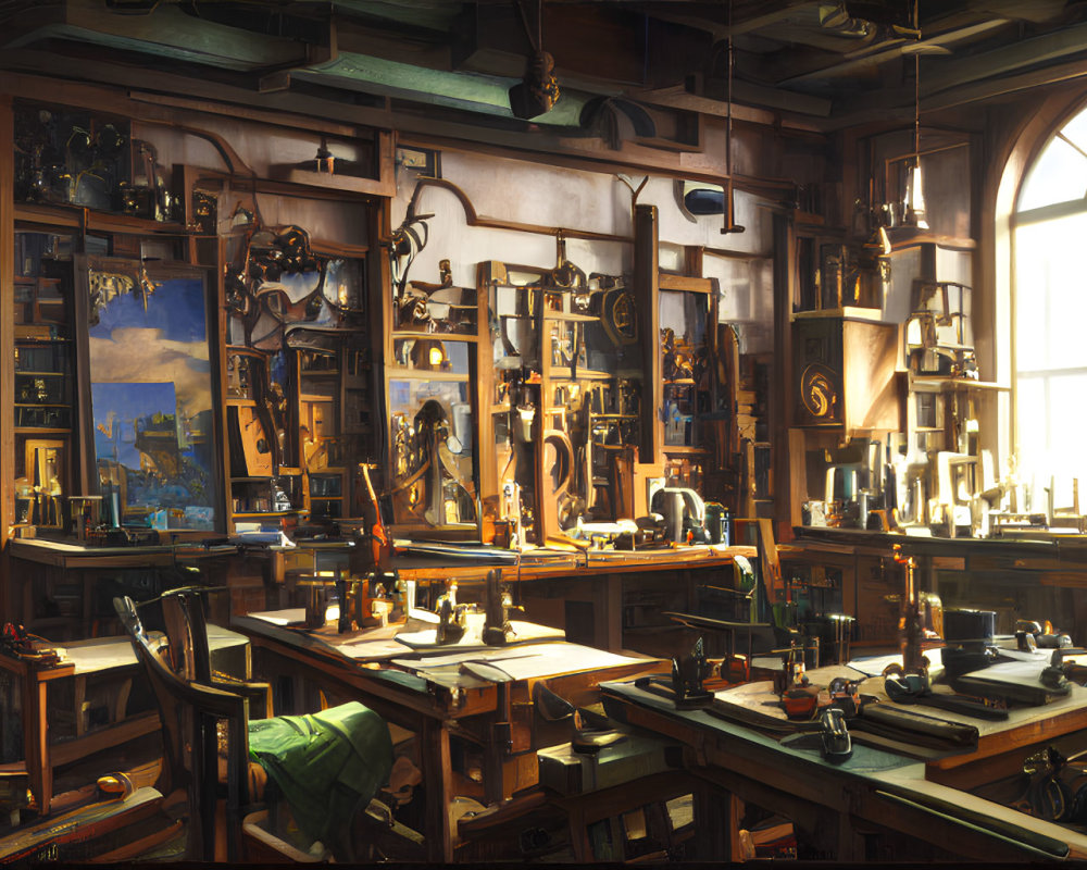 Woodworker's Workshop with Tools, Items, and Drawings in Sunlit Setting