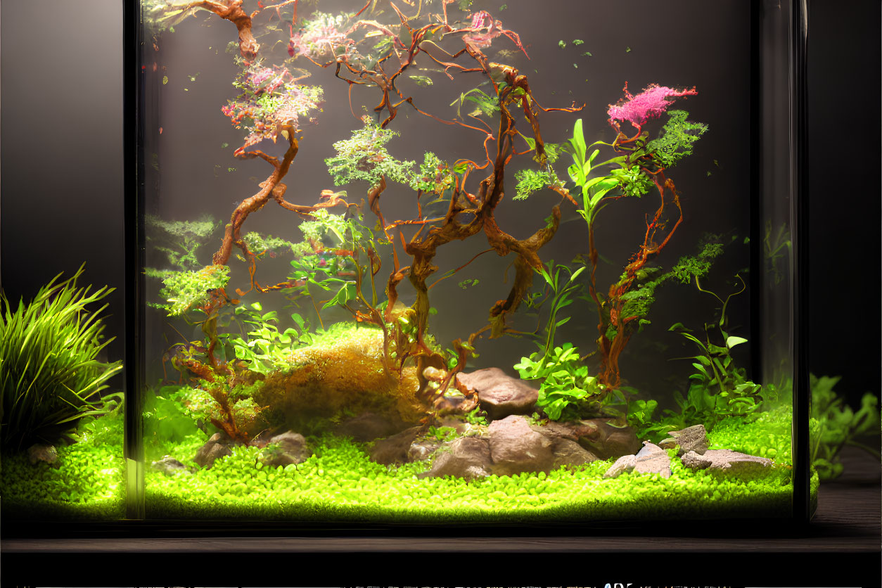 Aquarium with Green Plants, Moss, Rocks, and Wood for Naturalistic Underwater Scene