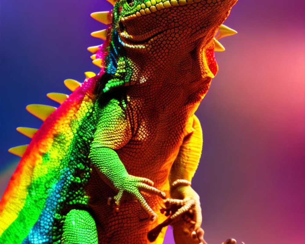 Colorful Iguana with Spines and Scales in Multicolored Lighting