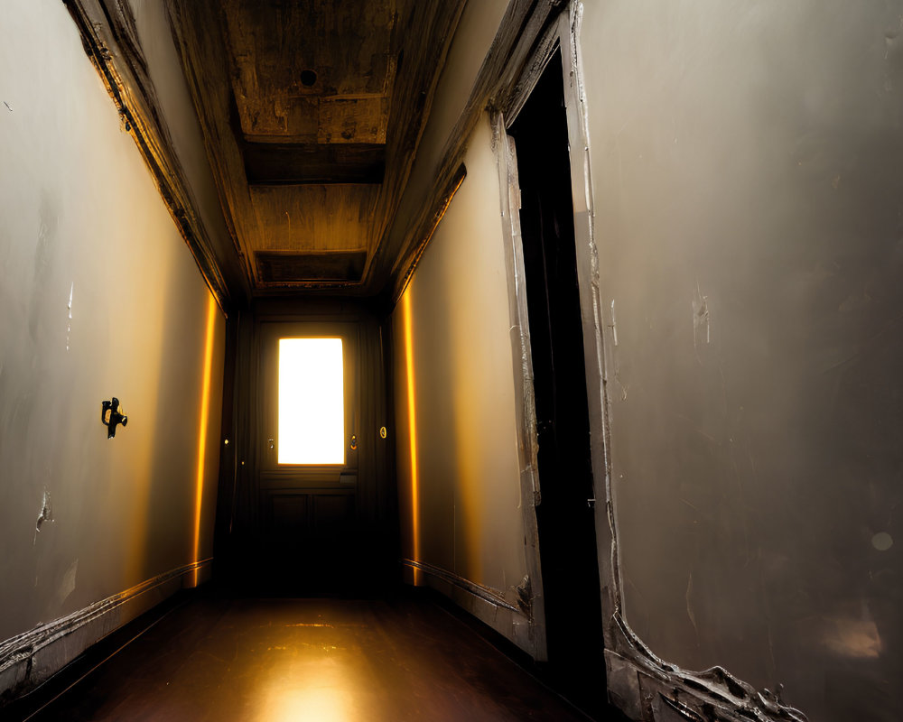 Dimly Lit Corridor with Glowing Window and Decay Signs