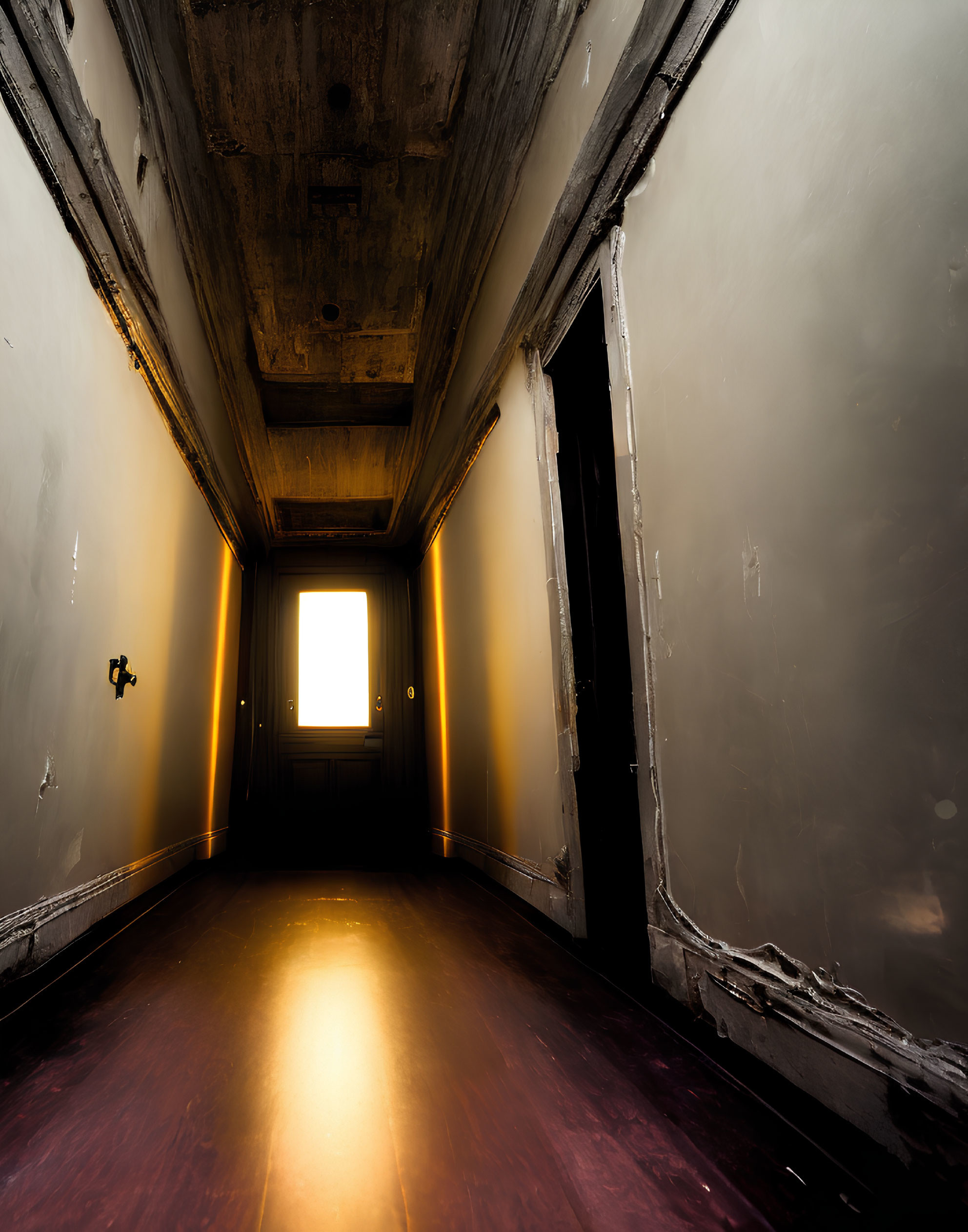 Dimly Lit Corridor with Glowing Window and Decay Signs