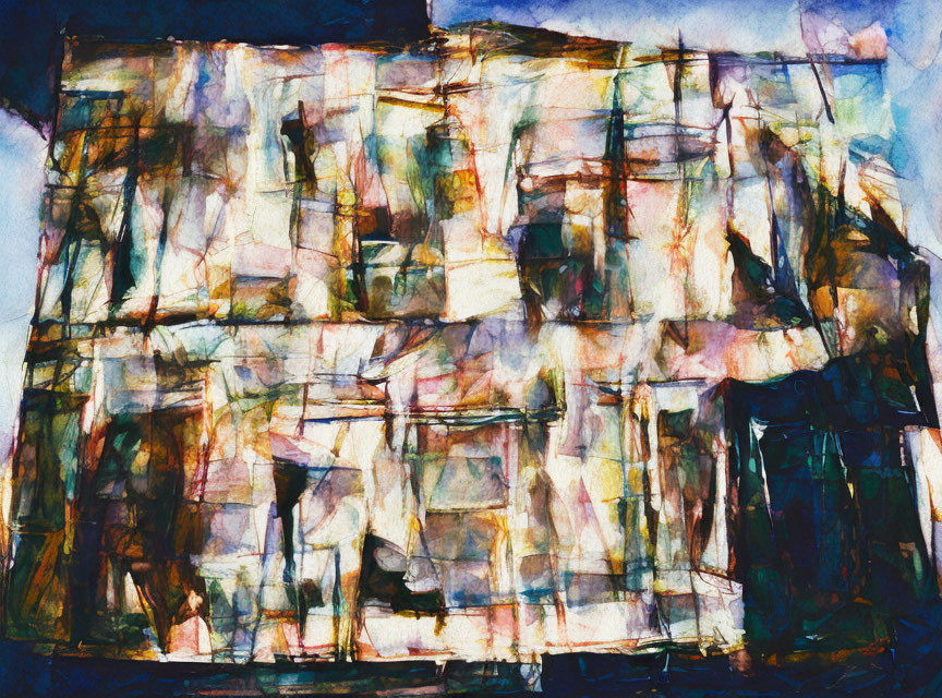 Vivid Abstract Watercolor Painting of Distorted Architectural Structures