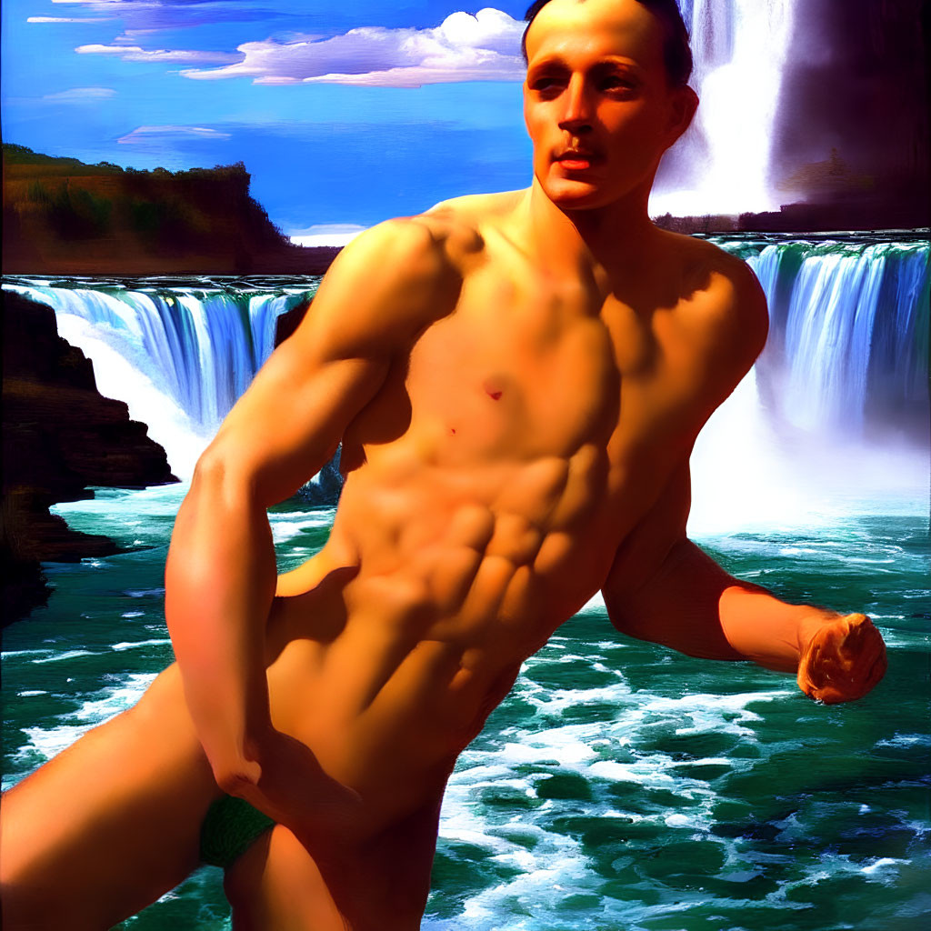 Muscular person posing by waterfall with blue skies and greenery