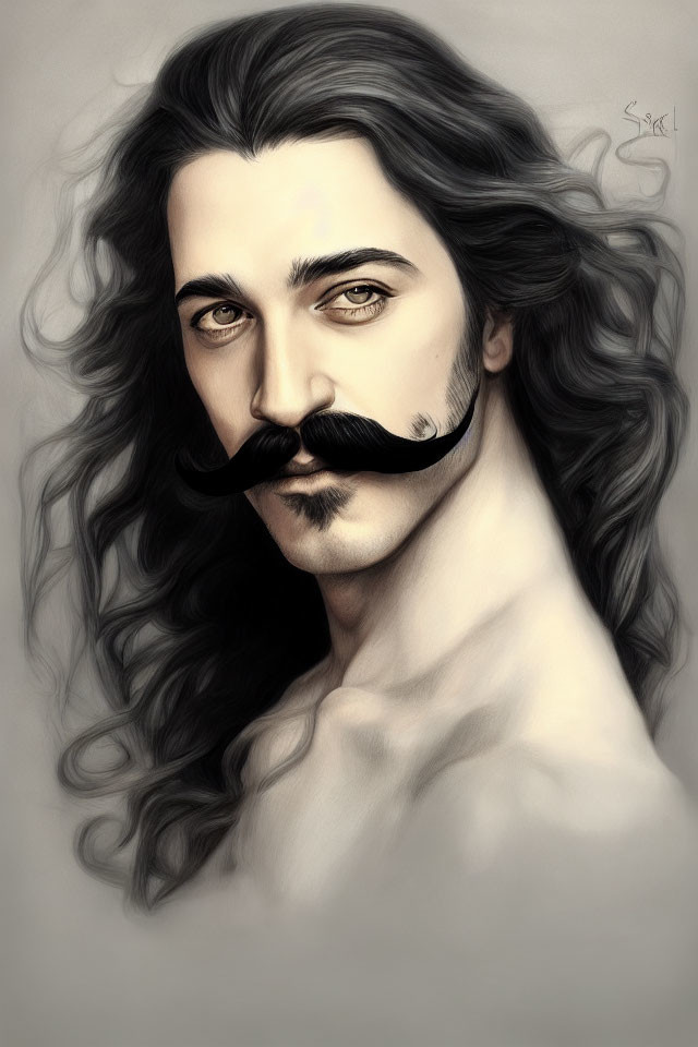 Portrait of a man with long curly hair and styled mustache