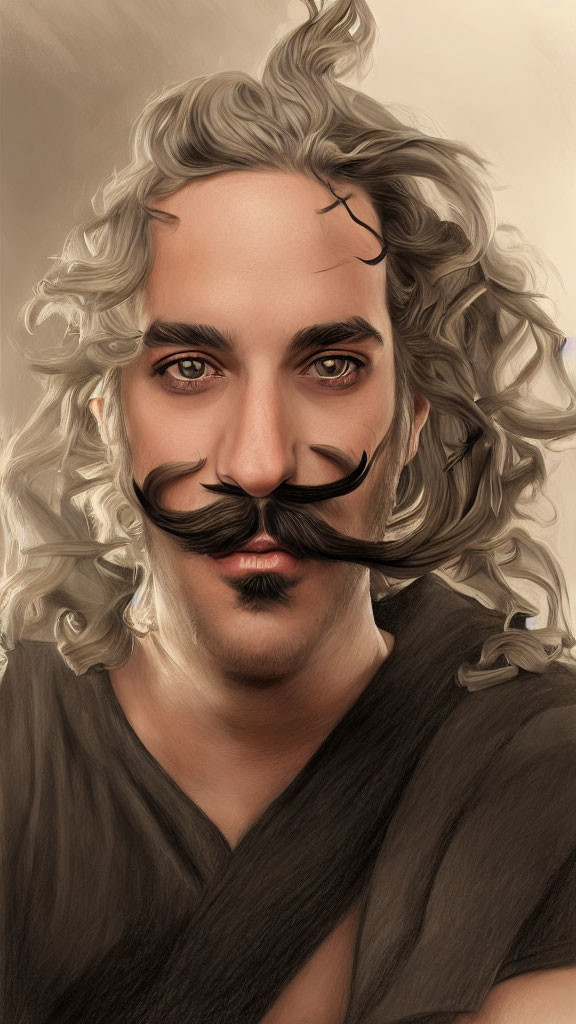 Detailed illustration of person with voluminous curly hair, twirled mustache, and piercing gaze on