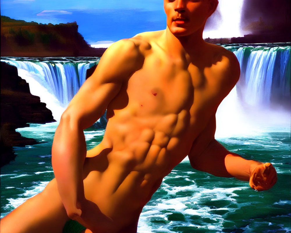 Muscular person posing by waterfall with blue skies and greenery