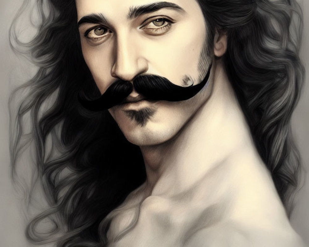 Portrait of a man with long curly hair and styled mustache