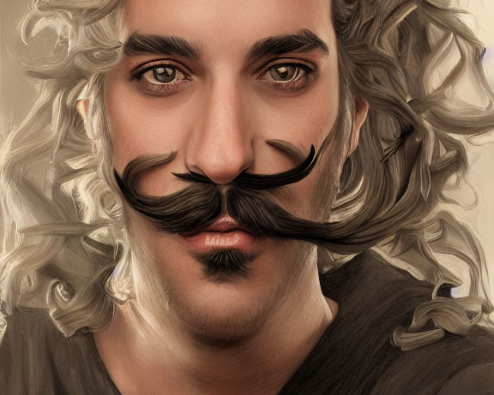 Detailed illustration of person with voluminous curly hair, twirled mustache, and piercing gaze on