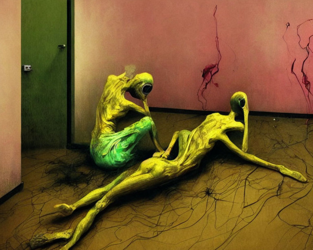 Surreal humanoid figures with elongated limbs in green and yellow palette