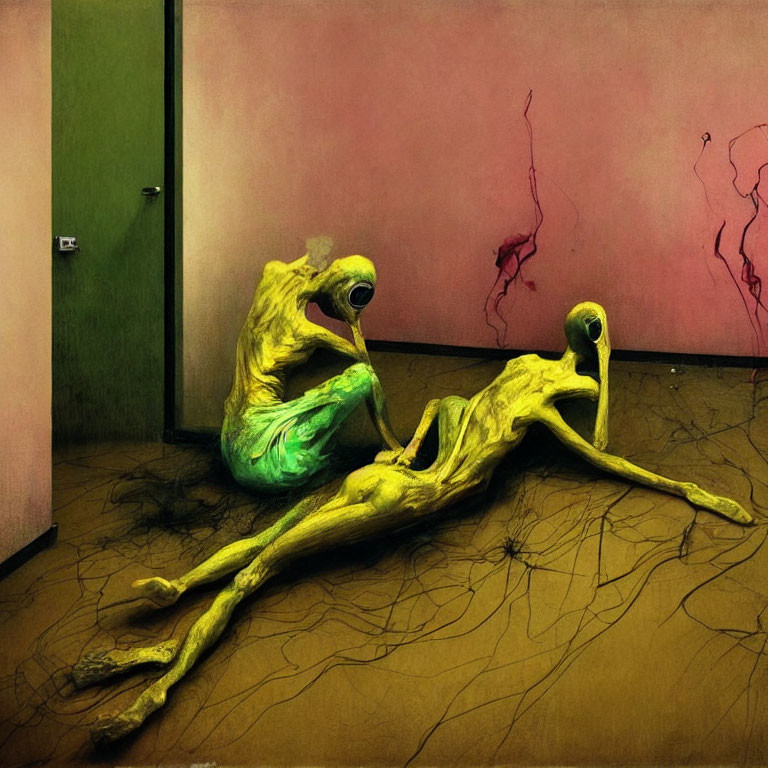 Surreal humanoid figures with elongated limbs in green and yellow palette