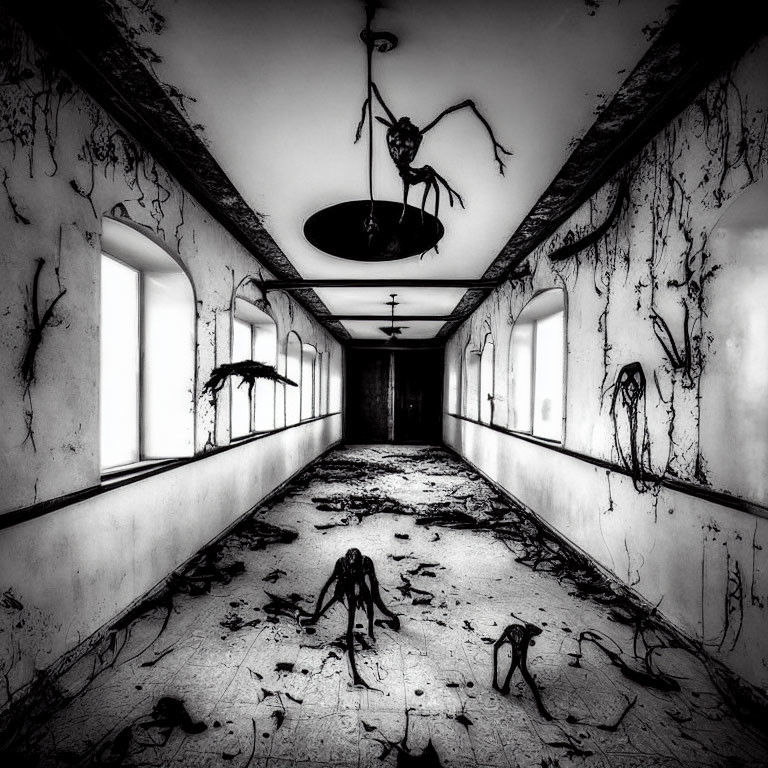 Creepy abandoned corridor with eerie spider sculptures