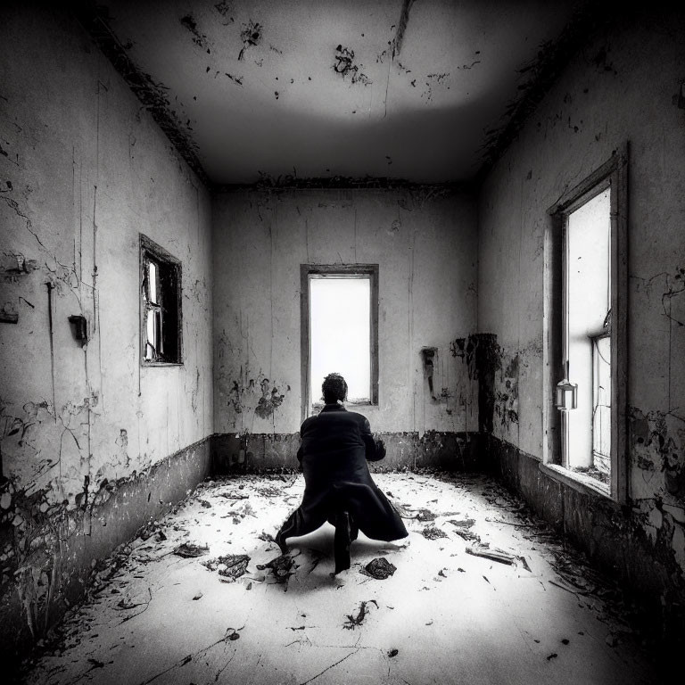 Person in Dark Coat Kneeling in Abandoned Room