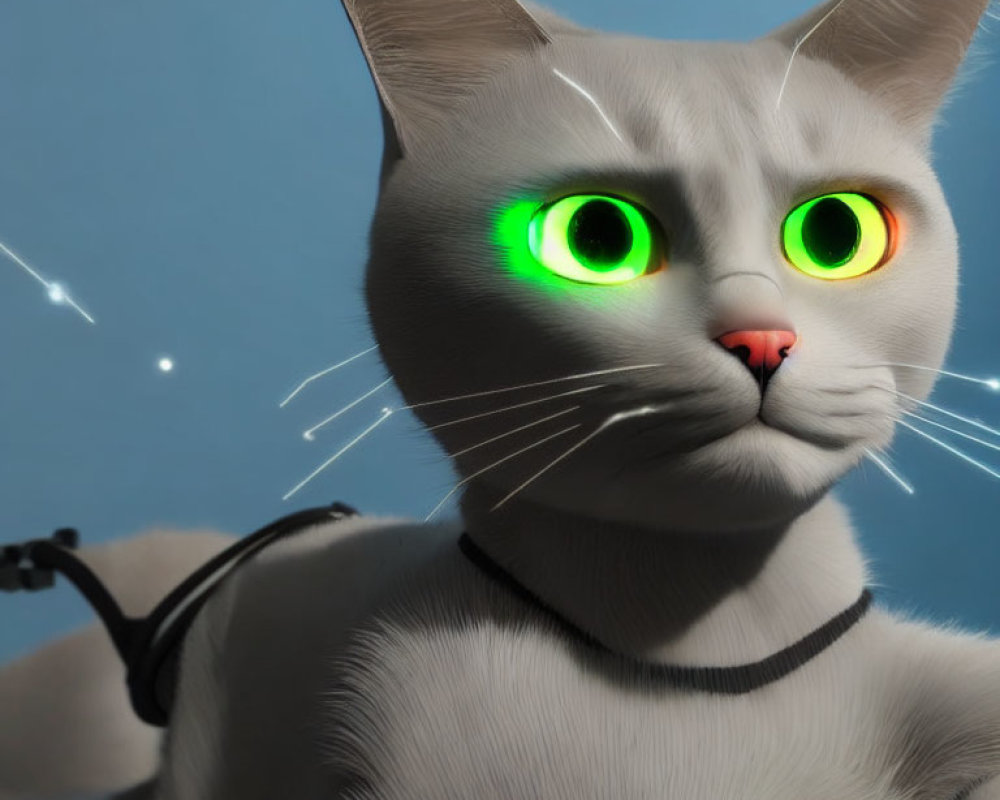 Digital image of a cat with glowing green eyes and collar on starry background