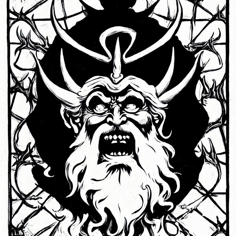 Monochrome illustration of horned, fanged face in ornate window frame