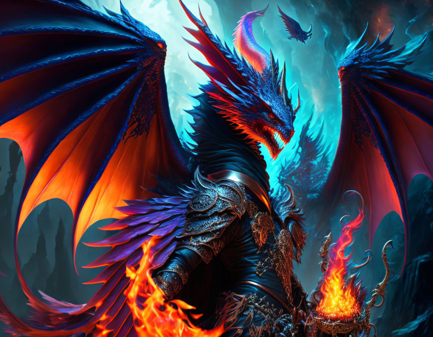 Majestic blue dragons with fiery eyes in mystical cavernous setting