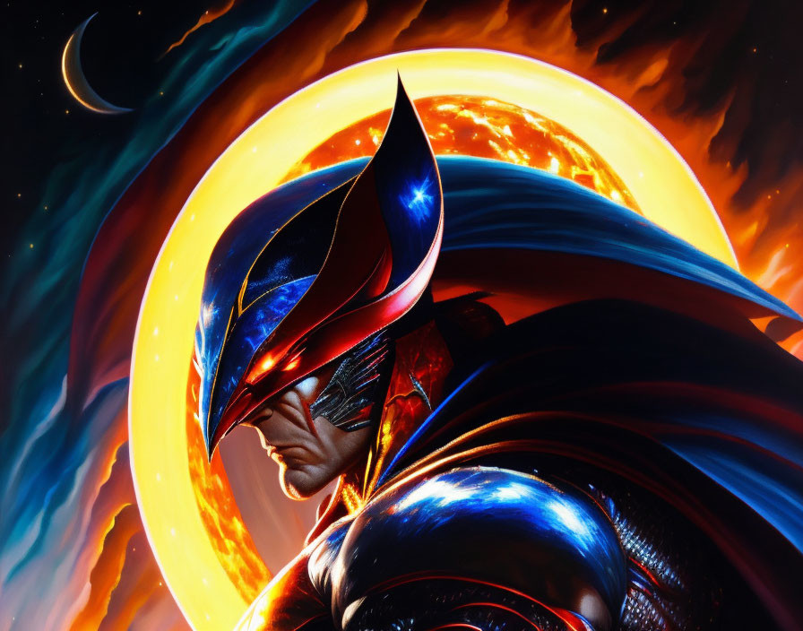 Superhero illustration in metallic blue and red suit with winged helmet, set against cosmic backdrop with vibrant