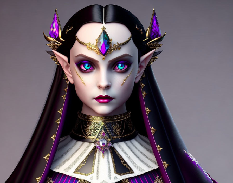 Fantasy elf digital artwork with dark hair, violet eyes, and golden jewelry