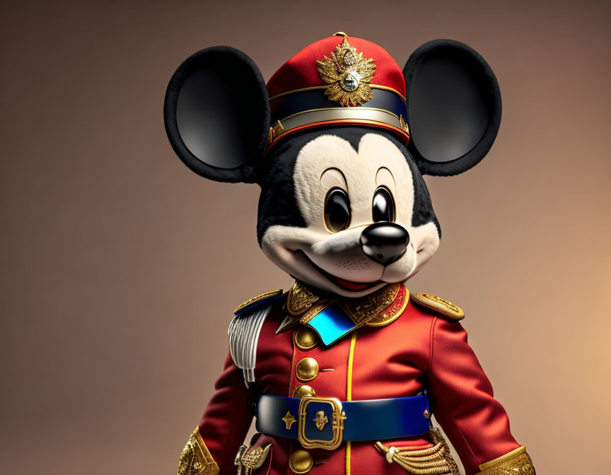 Red military-style uniform with gold accents and black hat character.