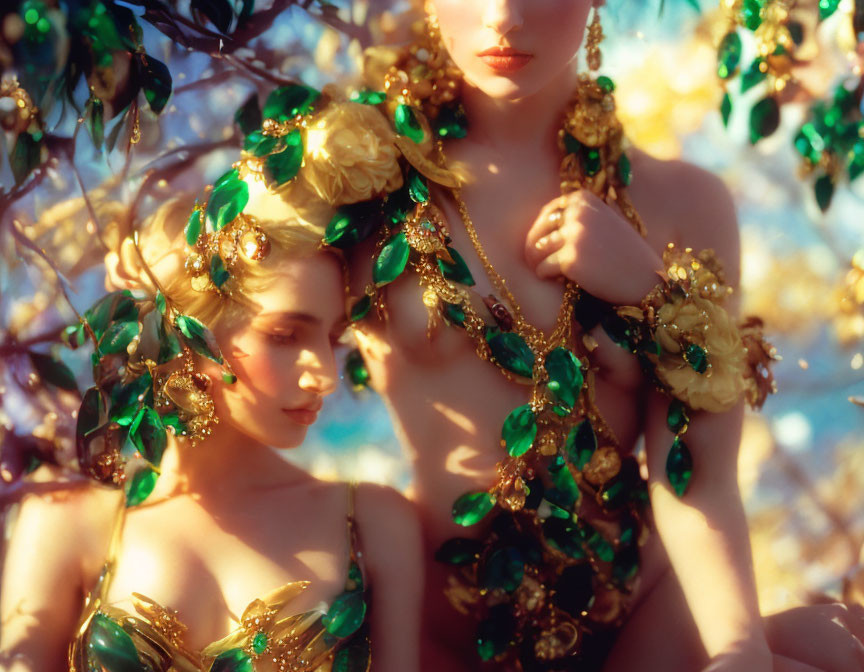 Golden floral and jeweled adorned individuals in leafy backdrop