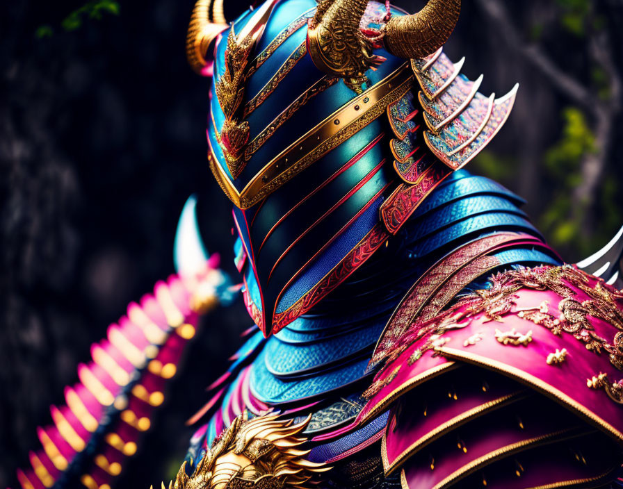 Colorful Samurai Armor in Vibrant Blue and Gold with Detailed Patterns