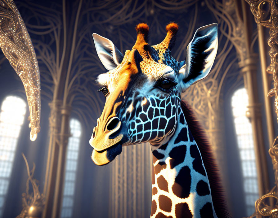 Giraffe in ornate cathedral-like building with golden light