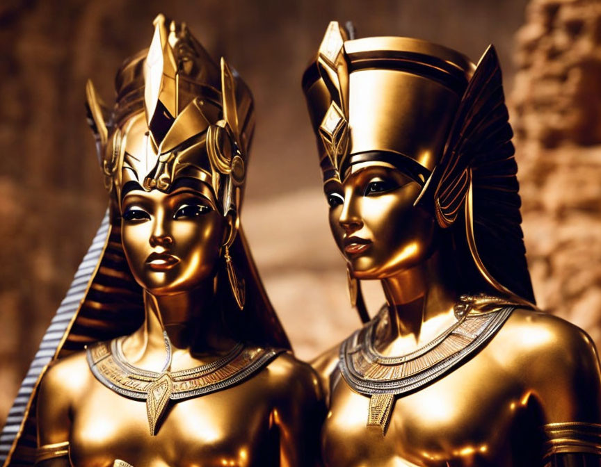 Egyptian Pharaoh and Queen Statues in Elaborate Headdresses and Traditional Attire