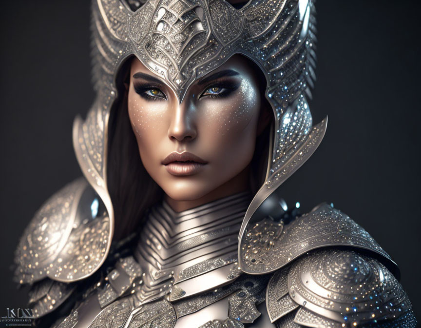 Detailed portrait of a woman in ornate silver armor with intense gaze and dark makeup