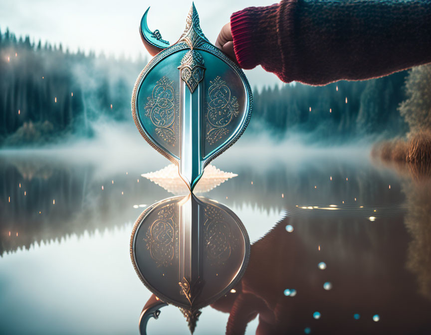 Ornate sword held above misty lake at twilight