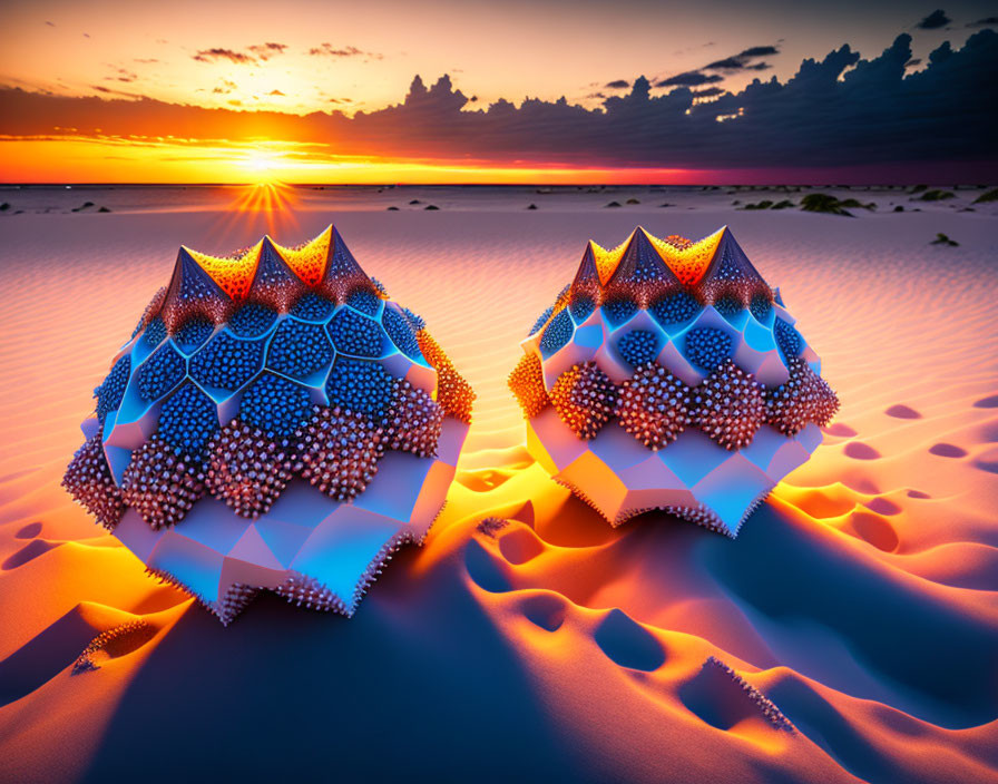 Futuristic glowing structures in desert sunset.