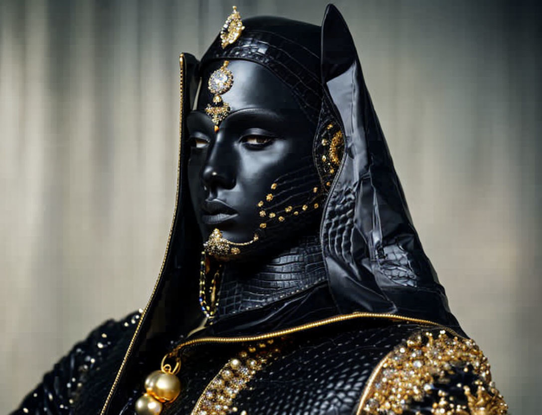 Intricate black and gold costume with hood and facial adornments