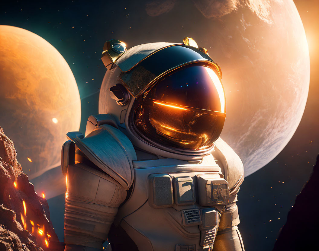 Astronaut in white space suit on alien landscape with moon and planets.