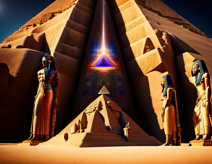 Digital Artwork: Egyptian Pyramid with Glowing Entrance and Pharaoh Statues