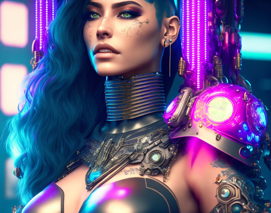 Futuristic female cyborg with blue hair and glowing purple robotic arm