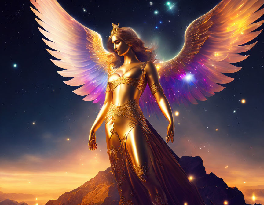 Ethereal figure with luminous wings on mountain under starlit sky