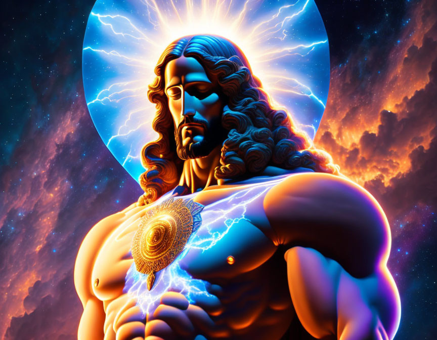 Muscular male figure with glowing aura in cosmic digital artwork