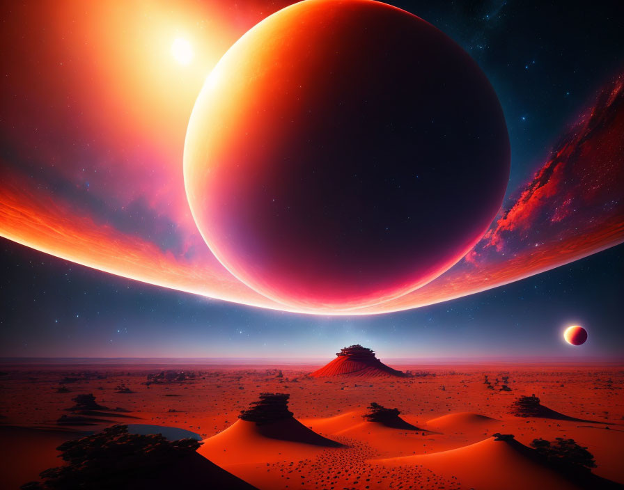 Surreal landscape with orange sand dunes under starlit sky