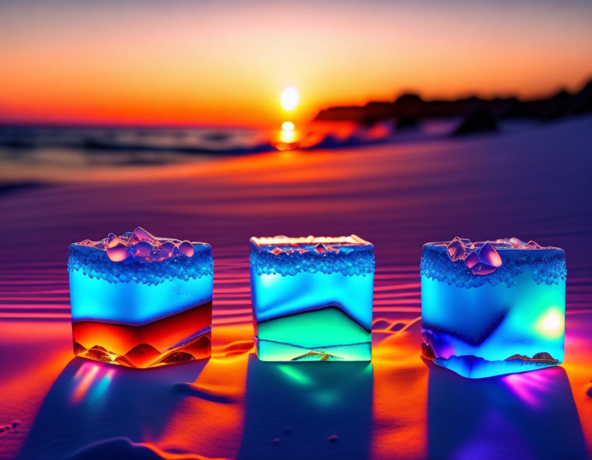 Vibrant Layered Cocktails on Beach at Sunset