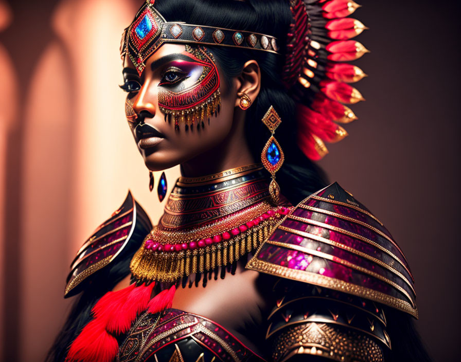 Elaborate tribal makeup and regal feathered headdress on a woman.