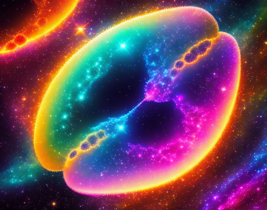 Colorful neon loops in star-filled space with orange, pink, and blue hues