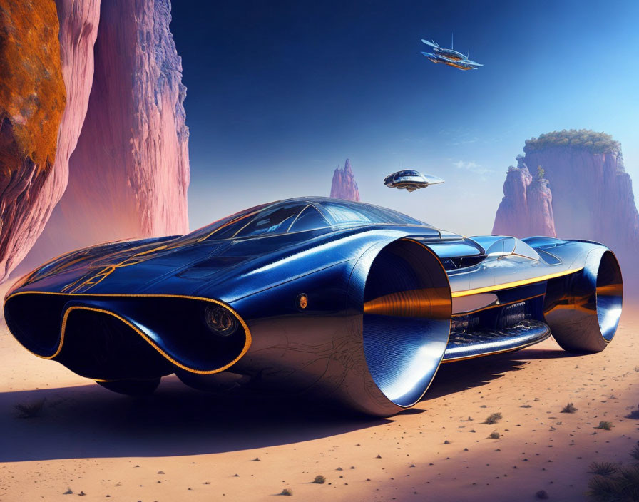 Futuristic blue car in desert with rock formations & flying vehicles