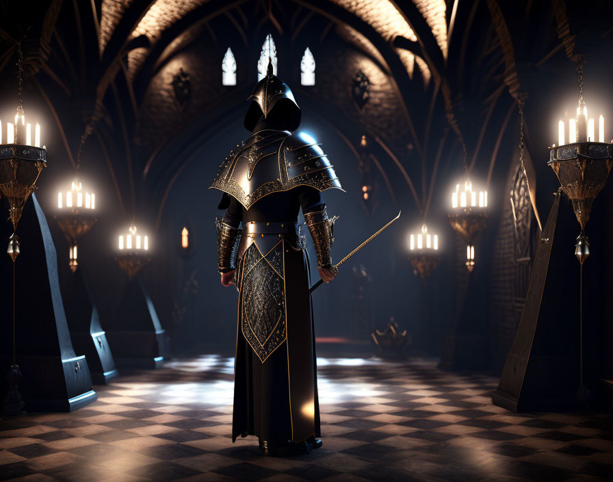 Armored knight with drawn sword in candlelit medieval hall