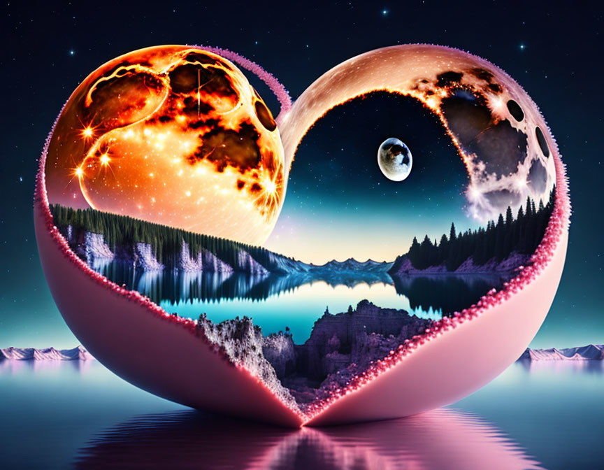 Heart-shaped collage: lava vs. mountain landscape under starry sky