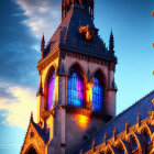 Gothic Cathedral Spire at Dusk with Glowing Blue Stained Glass