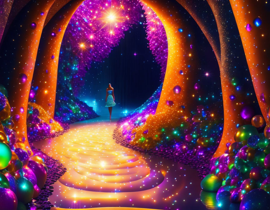 Person at Glowing Cosmic Pathway with Colorful Orbs