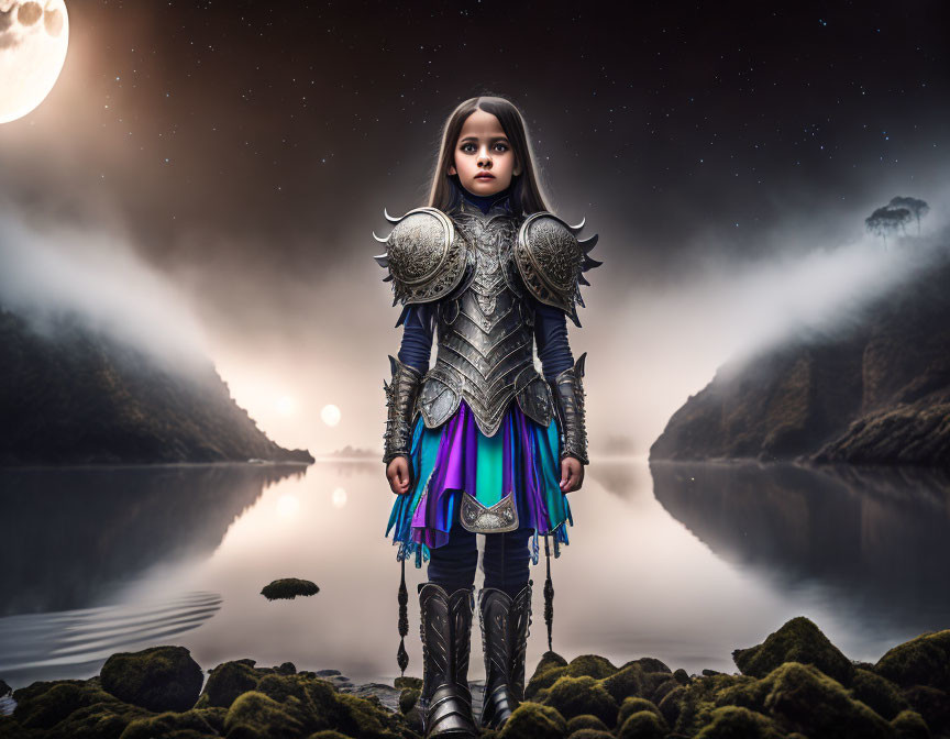 Young girl in fantasy armor by tranquil lake at dusk with mountains and starry sky